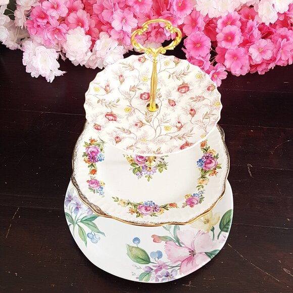 Floral Handmade Three Tier Cake Stand: Unique Dessert Sandwich Serving Tray - Picture 1 of 12
